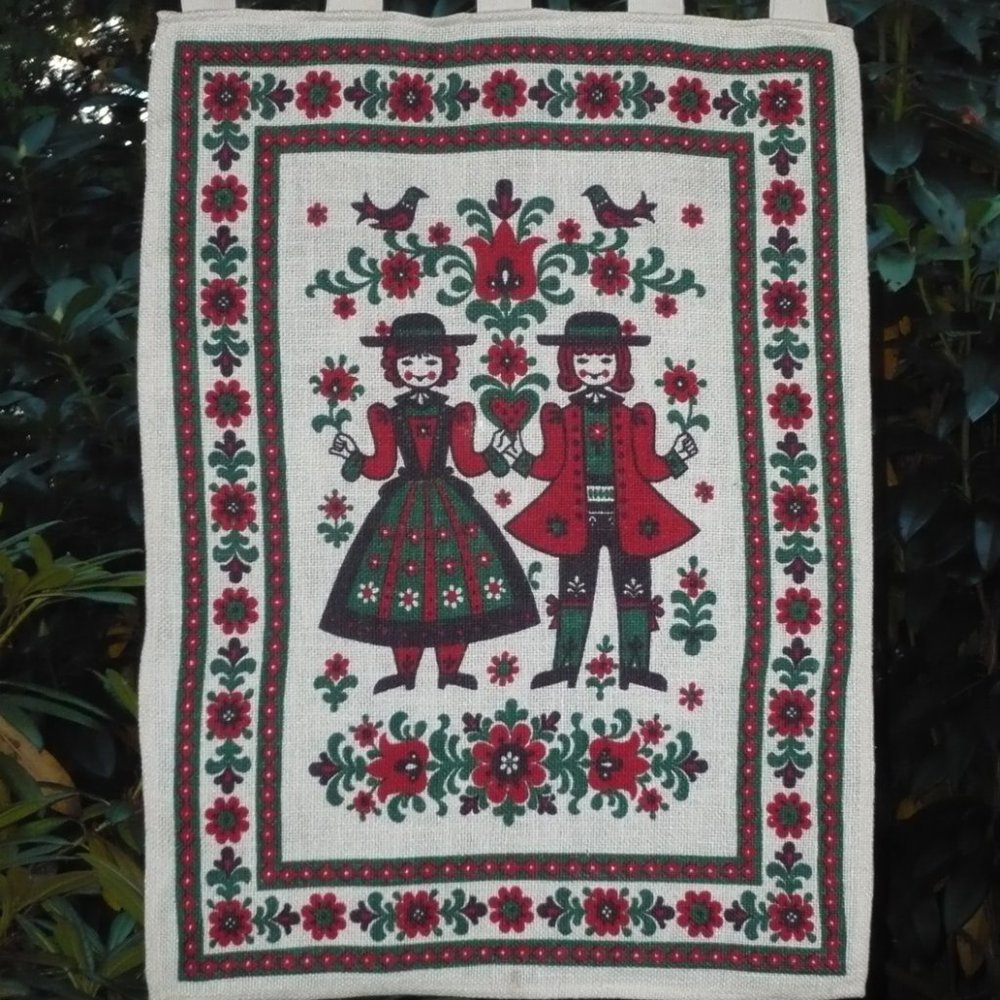 Vintage Scandinavian Folk Art Linen Tapestry Wooden Dowel Wall Hanging MCM